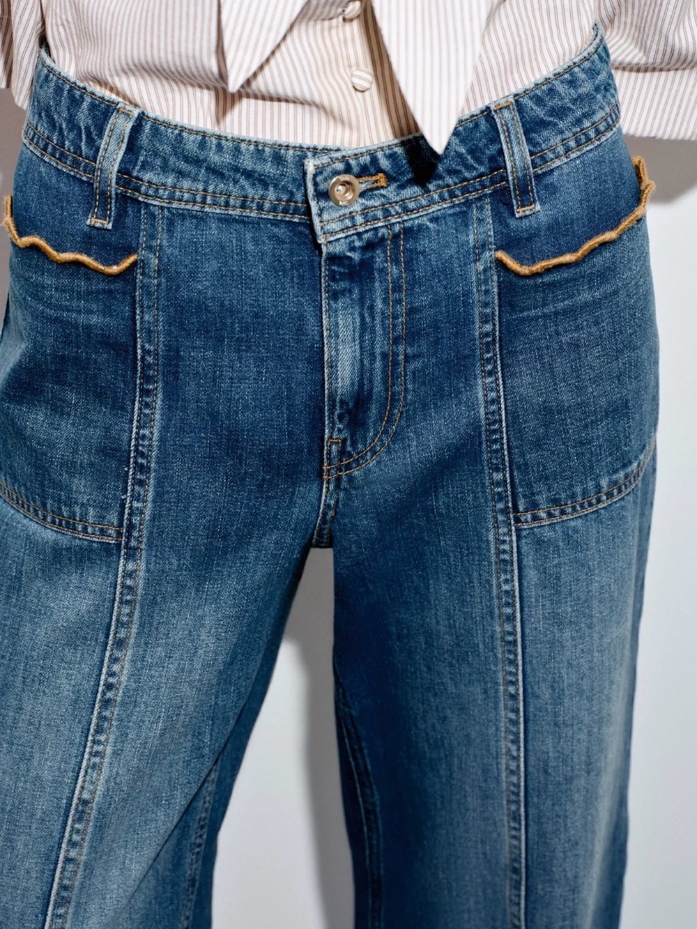 Zara Blue Straight-Leg Jeans with Contrast Trim